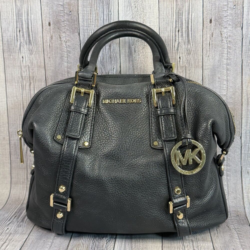 Michael Kors Black Pebbled Leather Duffle Zipper Closure Satchel Bag Small